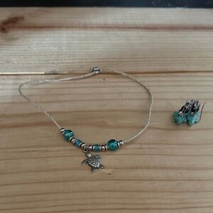 Silver and Turquoise color Turtle Charm Necklace and Earrings